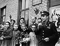 Yuri Gagarin with pupils of a Chkalov Secondary Sc