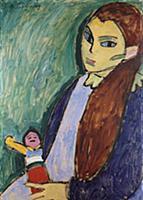 Girl with Doll, 1910 (oil on board) , artist: Jawl