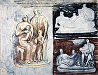 Three family groups, 1944 (pencil, wax crayon, col