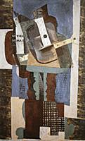 Guitar, Flute and Bottle on a Round Table, 1916 (o