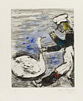 The Swan and the Cook (etching with w/c on paper) 