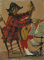 Seated Harlequin, 1970 (oil on panel) , artist: Fo