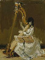 Marielle Nordmann playing the harp, 1970 (oil on p