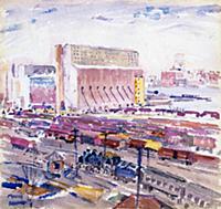 Warehouses and the North River, 1910 (w/c on paper