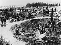 The Soviet prisoners of a Gulag are working for th