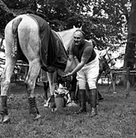 Jimmy Edwards, actor and comedian during a polo ma