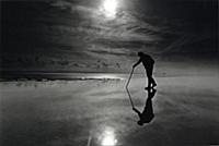 Testing for quicksands, Morecambe Bay, Lancs, 1989