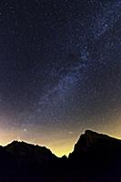 Milky Way and stary sky over Mount Santis with lig