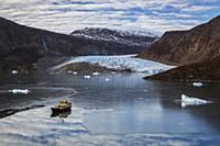 Ship near glacier, Scoresby Sound, Greenland