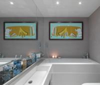 Washstand against mirrored wall and modern picture