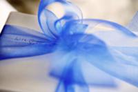 Wrapped present with blue ribbon