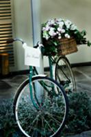 Bicycle with 'Just Married' sign and bouquet