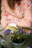 Woman sitting at garden table with cup of tea and 