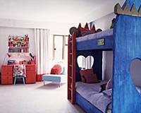 Bunk beds with blue-painted wooden frame in childr