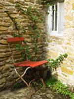 Rusty, old chair next to wall in corner of garden