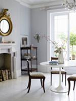 Room with table, wooden shelves & fireplace