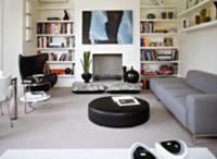 Contemporary, designer living room with 60s wingba