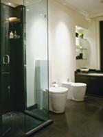 Contemporary, black and white designer bathroom in