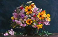 Colourful spring bouquet against dark blue painted