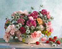 Colourful bouquet and strawberries on wooden shelf