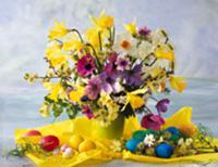 Colourful bouquet with narcissus and Easter decora