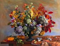 Autumnal bouquet and ornamental squashes on wooden