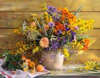 Colourful bouquet in ceramic vase and apricots on 