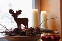 Festive deer figurine on fir cones and wood