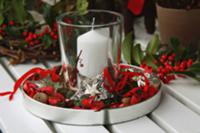 Silver tray with Christmas decorations and storm l