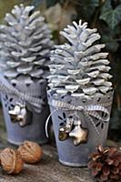 Advent decor: white pine cones in zinc flowerpots