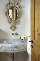 Playful, antique style mirror above a modern sink 