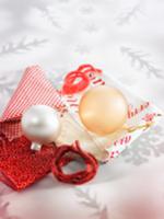 Christmas tree baubles and patterned cloths