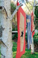 Various flags hanging between trees in garden