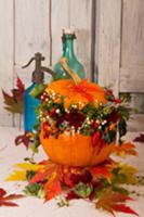 Autumn arrangement of colourful leaves, pumpkin an