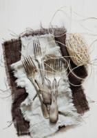 Old forks and kitchen twine on cloth