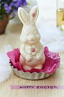 White chocolate Easter bunny on tissue paper in ta