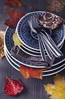 Stacked plates and painted autumn leaves