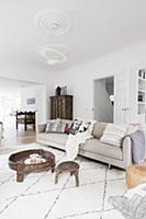 Pale sofa with scatter cushions, coffee table and 