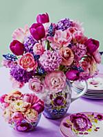 Bouquet of pink spring flowers with tulips, hyacin