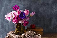 Bouquet of spring flowers against black wall