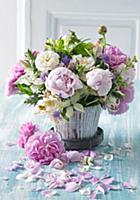 Bouquet of pink peonies, roses and flowering dogwo