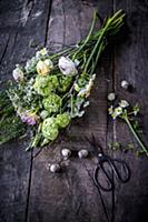 Tying an Easter bouquet of viburnum, freesias and 