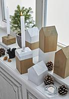 Simple house-shaped ornaments and wooden candle ho