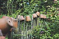 Clay pots on tops of garden fence stakes