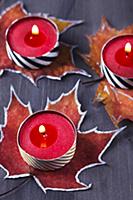 Painted autumn leaves used as coasters for tealigh