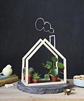 Plants in small, handcrafted wooden hut in front o