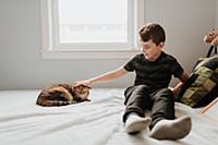 Boy stroking cat's head on bed
