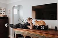 Boy staring at cat on cabinet