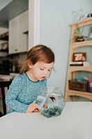Female toddler peering at goldfish bowl on table