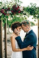 Romantic bride and groom face to face on lakeside